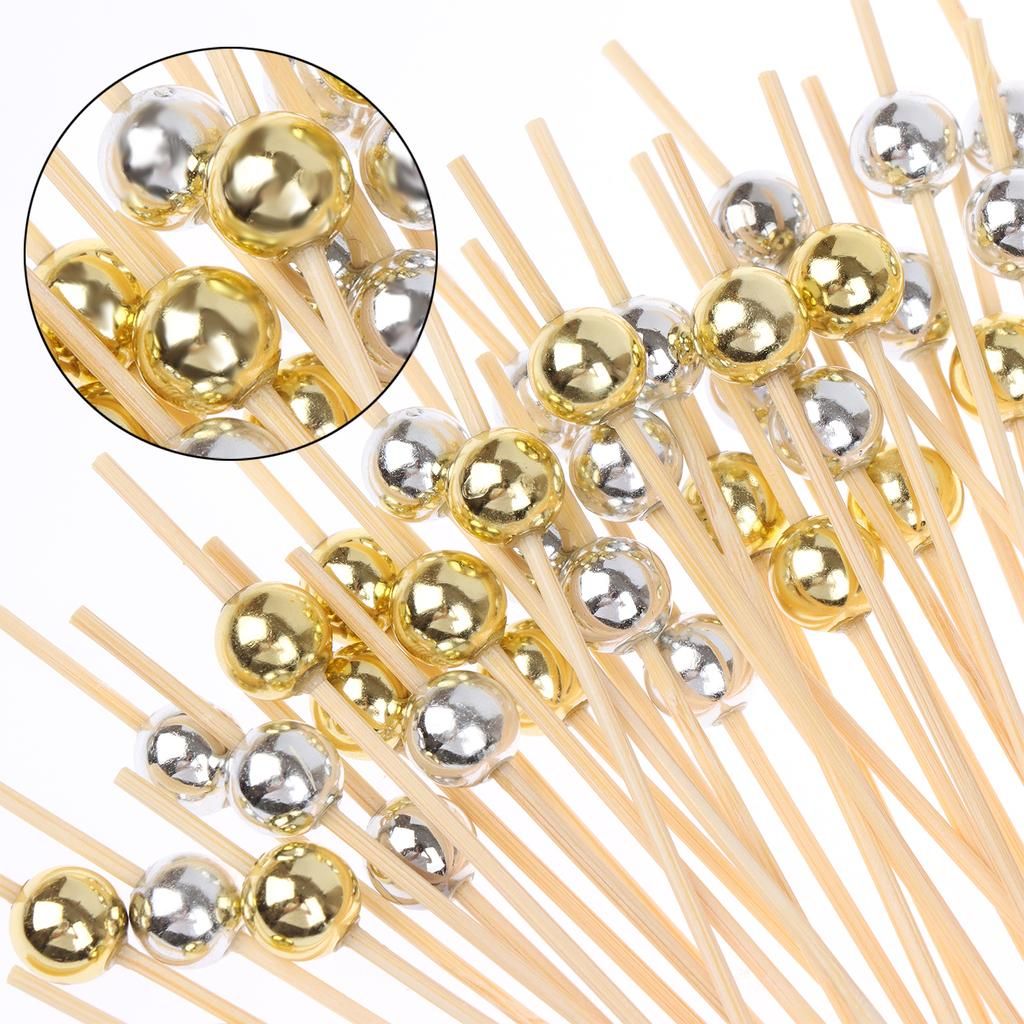 19-8714 COCKTAIL PICK 12CM GOLD AND SILVER BALLS Pack of 100 - Image 1